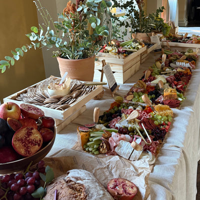 Full grazing table setup for a corporate catering event at Cambridge May Ball